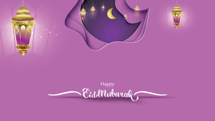 Eid Mubarak greeting Card Illustration, ramadan kareem, Wishing for Islamic festival for banner, background, flyer, illustration, brochure and sale background in paper art style - Vector