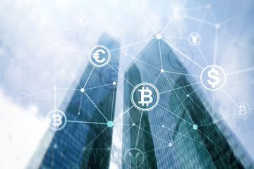 Double exposure Bitcoin and blockchain concept. Digital economy and currency trading