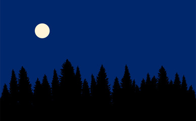 Forest landscape with full moon blue background silhouette 