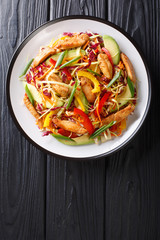 Asian cabbage salad with chicken and vegetables close-up on a plate.Vertical top view