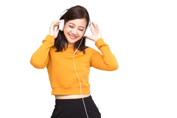 Young Asian beauty woman listening music with headphones in playlist song application on smartphone isolated on white background