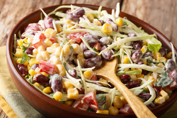Vegetable coleslaw salad with beans, corn, pepper and herbs closeup in a plate. horizontal