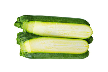 Top view fresh organic green zucchini with slice isolated on  white background with clipping path
