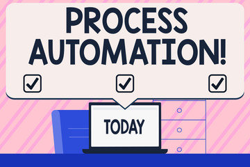 Conceptual hand writing showing Process Automation. Concept meaning the use of digital technology to perform a process Blank Huge Speech Bubble Pointing to the White Laptop Screen