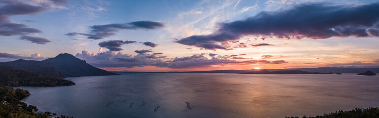Panorama Aerial Drone Picture of the Taal Lake in the Philippines during Sunset