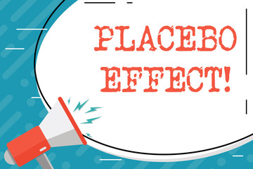 Handwriting text Placebo Effect. Conceptual photo a beneficial effect produced by a placebo drug or treatment Blank White Huge Oval Shape Sticker and Megaphone Shouting with Volume Icon