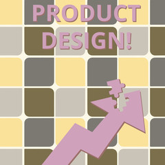 Word writing text Product Design. Business photo showcasing process of creating or improving a product for clients needs Colorful Arrow Pointing Upward with Detached Part Like Jigsaw Puzzle Piece