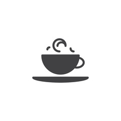 Aroma coffee cup vector icon. filled flat sign for mobile concept and web design. Hot coffee cup and saucer glyph icon. Breakfast symbol, logo illustration. Pixel perfect vector graphics