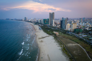 Aerial view of My Khe Beach and skyscrapers in Danang, Vietnam