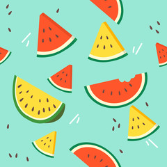 vSliced watermelon pattern on background. Flat lay, top view. Vector illustration