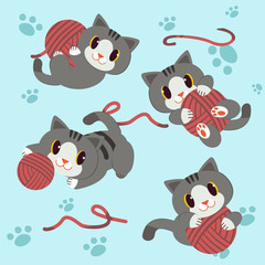little cat play a yarn with footstep background