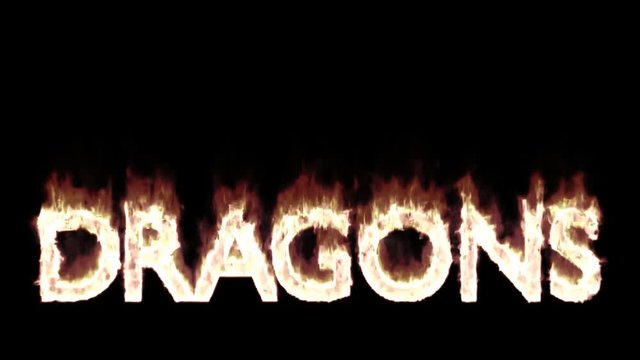 Animated burning or engulf in flames all caps text Dragons. Isolated and against black background, mask included. Fire has transparency.