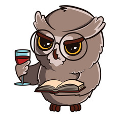 Cute cartoon owl with a glass of wine and books isolated on white background. Print for fabric, t-shirt, poster. Vector illustration