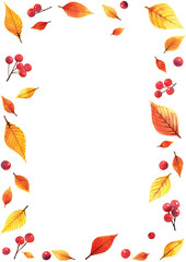 Autumn leaves and red berries watercolor hand painting frame for decoration.
