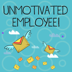 Conceptual hand writing showing Unmotivated Employee. Concept meaning very low self esteem and no interest to work hard Colorful Airmail Letter Envelopes and Two of Them with Wings