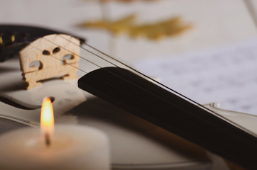 Close view of a white violin dry oak leaves musical notes and candle on wooden table
