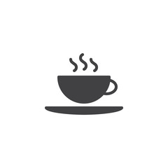 Hot coffee cup and saucer vector icon. filled flat sign for mobile concept and web design. Tea cup with hot drink glyph icon. Breakfast symbol, logo illustration. Pixel perfect vector graphics