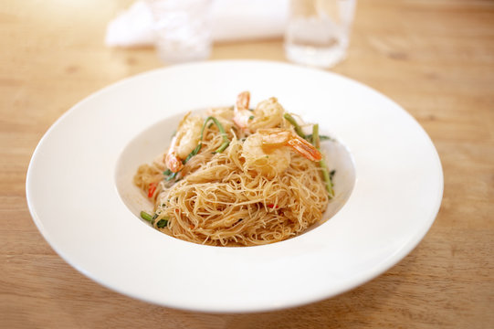 asian thai food noodle with shrimp and vegetable serve