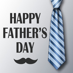 Fathers Day greeting card template with tie and mustache. Blue striped necktie with soft shadow. Realistic vector illustration