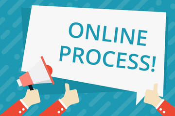 Text sign showing Online Process. Business photo showcasing An automated way to enter and process data or reports Hand Holding Megaphone and Other Two Gesturing Thumbs Up with Text Balloon