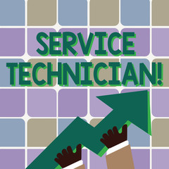 Conceptual hand writing showing Service Technician. Concept meaning Managing all on site installation and repair task Hand Holding Colorful Huge 3D Arrow Pointing and Going Up