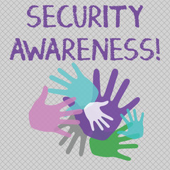 Word writing text Security Awareness. Business photo showcasing educating employees about the computer security Color Hand Marks of Different Sizes Overlapping for Teamwork and Creativity