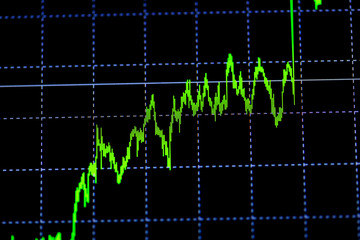 data on the monitor, including Market Analyze. Bar graphs, charts, financial indicators. Forex chart