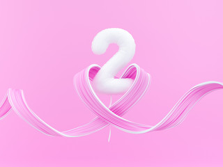 Two year birthday. Number 2 flying white balloon and heart shaped ribbon on pink. Two-year anniversary background. 3d rendering