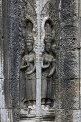 Beautiful sculpture at the Ta Prohm temple ruins in Siem Reap, Cambodia