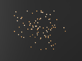 golden confetti on black background, festive concept, 3d illustration