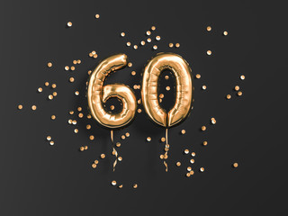 60 years old. Gold balloons number 60th anniversary, happy birthday congratulations. 3d rendering. - obrazy, fototapety, plakaty