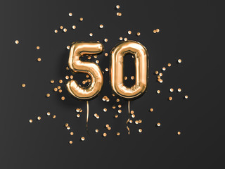 50 years old. Gold balloons number 50th anniversary, happy birthday congratulations. 3d rendering. - obrazy, fototapety, plakaty