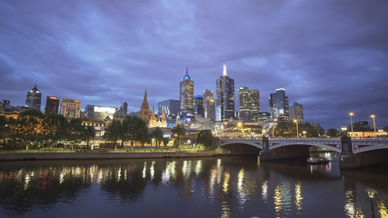 night wide angle view of yarra river and city of melbourne