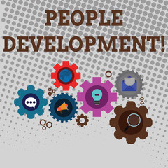 Handwriting text writing People Development. Conceptual photo Encouraging employees to acquire new or advanced skills Set of Global Online Social Networking Icons Inside Colorful Cog Wheel Gear