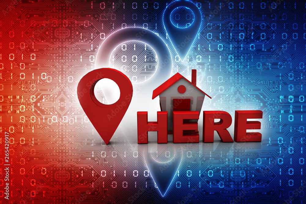 Poster 3d illustration search for property.a map with large red gps pointer containing