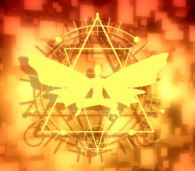 Mystery, witchcraft, occult and alchemy tattoo sign. Mystical vintage gothic geometry thin lines symbol with butterfly woman in lotus yoga pose. Chaotic geometry shapes. 3D rendering.