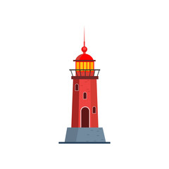 Lighthouse cartoon illustration. Red tower with steeple. Navigation concept. Vector illustration can be used for topics like sea, nautical, safety