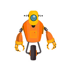 Yellow robot cartoon illustration. One wheeled cyborg with wheel and arms. Robotics concept. Vector illustration can be used for topics like robotic science, engineering, cyber technology