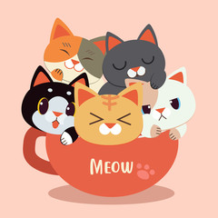 A Group of Happy cat crawled into a coffee mug. Design a mug. Design a coffee mug. cat sit into a coffee mug.Vector set cat in coffee style.relax time.kawaii animal.cute flat vector style 