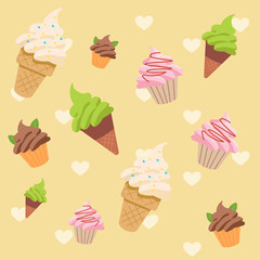 Seamless pattern of ice cream set. vanilla , green tea, chocolate and strawberry ice cream cone.white heart patten. chocolate cupcake.softcream in cone.cute flat vector style 
