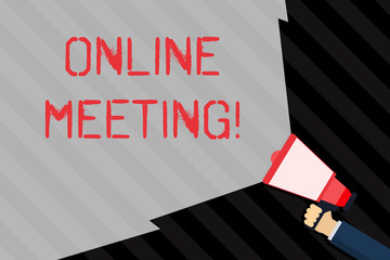 Handwriting text writing Online Meeting. Conceptual photo a meeting that takes place over an electronic medium Hand Holding Megaphone with Blank Wide Beam for Extending the Volume Range