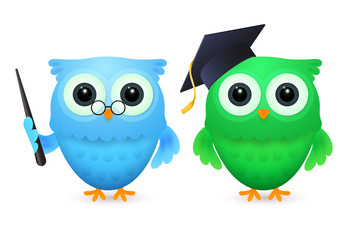 Blue and green owls vector illustration. Wisdom, teacher, school. Education concept. Vector illustration can be used for topics like study, learning, training
