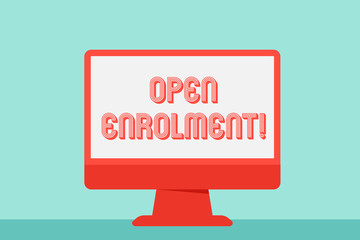Writing note showing Open Enrolment. Business concept for period during which members can choose an alternate plan Desktop Computer Colorful Monitor Screen Freestanding Table
