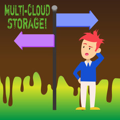 Word writing text Multi Cloud Storage. Business photo showcasing use of multiple cloud computing and storage services Man Confused with the Road Sign Arrow Pointing to Opposite Side Direction