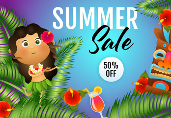 Summer Sale lettering with woman and tiki mask. Tourism, summer offer or sale design. Handwritten and typed text, calligraphy. For leaflets, brochures, invitations, posters or banners.