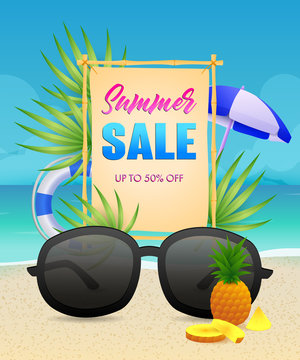 Summer Sale lettering with lifebuoy and sunglasses. Tourism, summer offer or sale design. Handwritten and typed text, calligraphy. For leaflets, brochures, invitations, posters or banners.