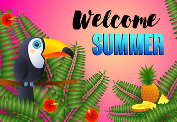 Naklejka premium Welcome Summer lettering, toucan, pineapple and plants. Tourism, summer offer or sale design. Handwritten and typed text, calligraphy. For leaflets, brochures, invitations, posters or banners.