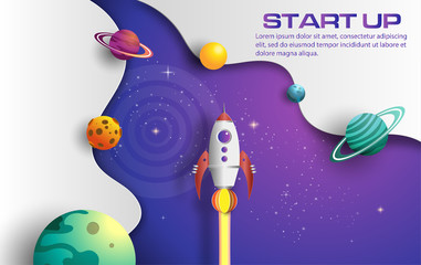 Fototapeta premium Paper art style of rocket flying in space, start up concept, design banner template, flat-style vector illustration.