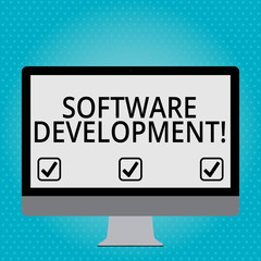 Handwriting text Software Development. Conceptual photo software is created using a specific programming Blank White Computer Monitor WideScreen Mounted on a Stand for Technology