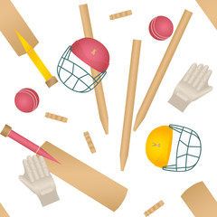 Uniforms and accessories for cricket. Helmet, bat, wicket, ball seamless vector pattern.